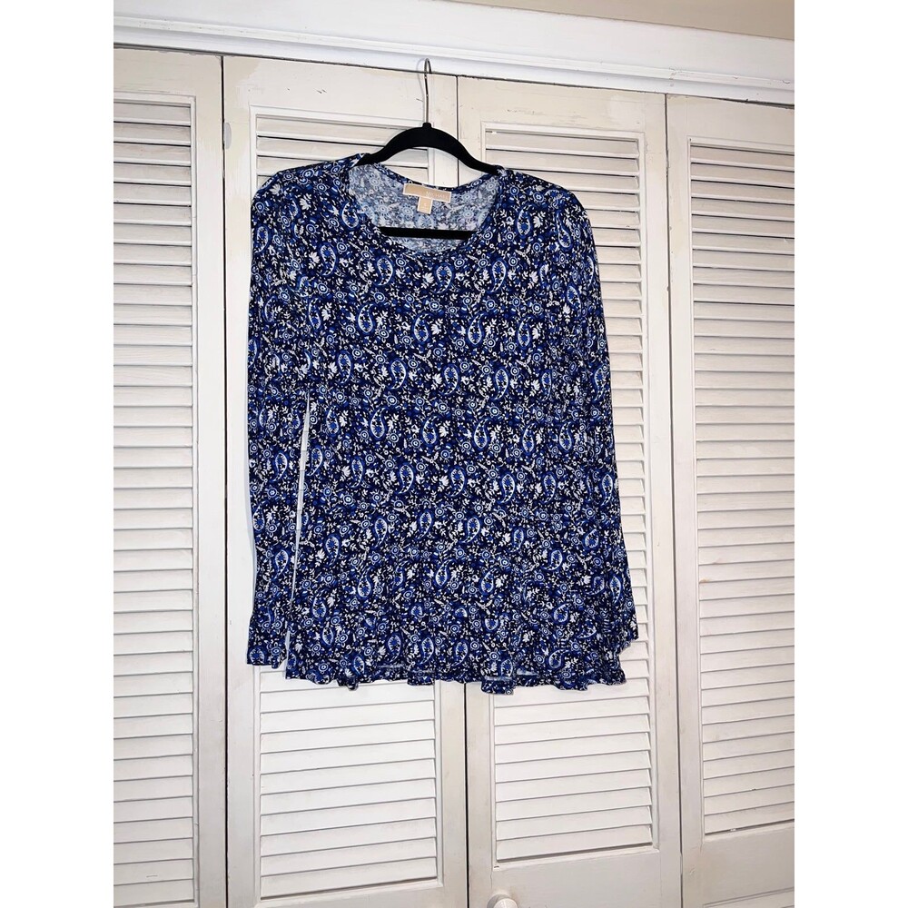Michael Kors Paisley Scoop Neck Short Sleeve Ruffled Blouse; Size S